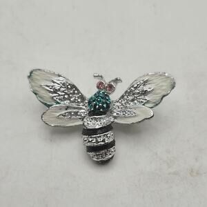 Bee Brooch Pin Silver Tone Enamel Rhinestone Insect Wings Pink Eyes Costume Gift